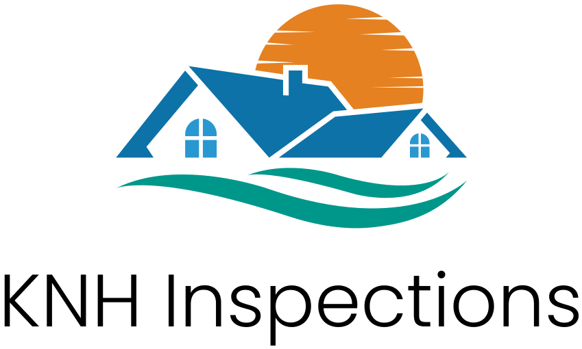 KNH Inspections logo: a house with a blue roof, an orange rising sun and a teal wave